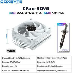COXBYTE CFan-30V6 6 Heat Pipes Down-pressure CPU Air-cooling Cooler 45MM High 9CM Fan for LGA1200/1700/AM4/5 ITX Chassis CFan30V6 W No lights