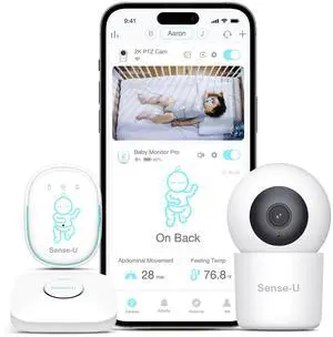 Sense-U Pro Baby Monitor (Long Range) + 2K PTZ Camera - Track Abdominal Movement with 2K Video from Anywhere