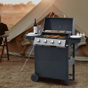 Livevie Propane Gas Grill 4 Burner Barbecue, Stainless Steel 34,000 BTU Outdoor Grill with Two Shelves, Lid, Wheels, Bottle Opener, Ideal for Patio, Garden, Backyard BBQ