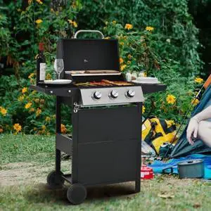 Livevie Propane Gas Grill 3 Burner Barbecue Grill, Stainless Steel 26,000 BTU Patio Garden Barbecue Grill with Two Shelves, Lid, Wheels, and Bottle Opener