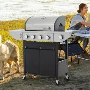 Livevie Stainless Steel 4-Burner Propane Gas Grill with Side Burner, 46,500 BTU BBQ for Outdoor Cooking, Patio & Garden  Black & Silver Finish