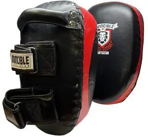INVINCIBLE FIGHT GEAR Premium Leather Thai Pad Kickboxing Strike Shields - Pair of Kick Training Pads with Solid Handle Grip and Dual Wrist Hook and Loop Straps for Boxing, MMA, Muay Thai