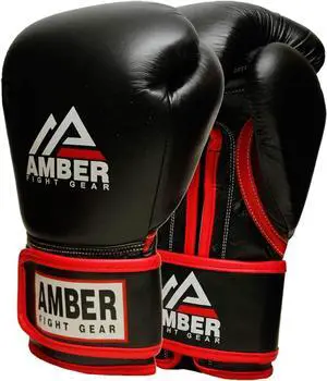 Amber Fight Gear Professional Hook and Loop Leather Training Boxing Gloves, Durable Top-Grain Leather, Multi-Layered Foam, Pre-Curv, Muay Thai, Sparring, Sizes 8oz to 18oz 18 oz.