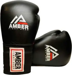 Amber Fight Gear MFG Professional Hook and Loop Leather Training Boxing Gloves MMA Kickboxing Training Sparring Punching Bag Gloves Black 16 oz.