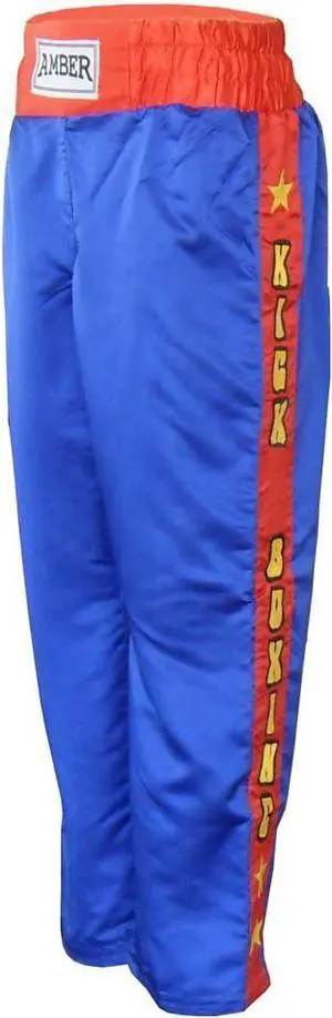 Amber Fight Gear Nylon/Satin Kickboxing Pants Featuring 3" Boxing Style Waistband and Drawstring, and Durability, Blue/Red/Yellow Medium