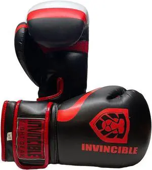 Invincible Fight Gear Standard Leather Hook and Loop Training Boxing Gloves - Ideal for Boxing, Kickboxing, Muay Thai, MMA for Men Women and Kids Black/Red 12 oz.