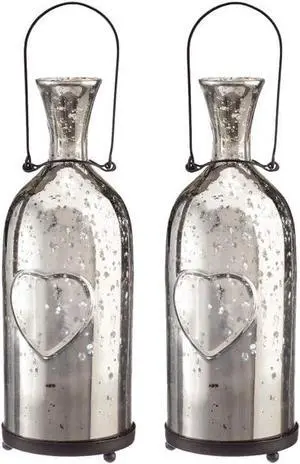 LIVEVIE Champagne Collection Antique Silver Bottle Votive Candle Holders - Handmade Glass for Weddings and Elegant Home Decor (Set of 2)
