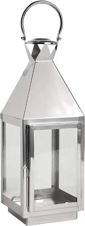 LIVEVIE Vintage Style Polished Silver Tone Hanging Candle Lantern with Tempered Glass - 15" High for Indoor/Outdoor Events, Parties, and Weddings