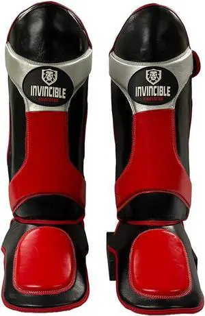 Amber Fight Gear Invincible Shin & Instep - Premium Synthetic Leather Shin Guards for Muay Thai, MMA, Martial Arts Training & Sparring,Black/Red/Silver - Durable Protection for All Large