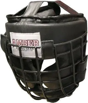 Amber Fight Gear Heavy Leather Headgear with Removable Face Mask, Adjustable Hook & Loop Closure - Ideal for Boxing, Kickboxing, MMA Training Small / Medium
