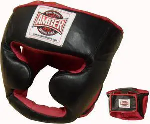 Amber Fight Gear Deluxe All Leather Headgear with Cheek Protection for Boxing, Kickboxing, and MMA, Black Medium