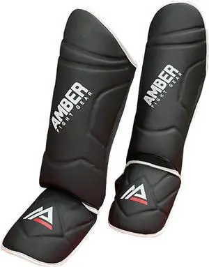 Amber Fight Gear Centurion Muay Thai Shin Guards with Instep, High-Density Foam, Skintex Leather, Adjustable StrapsDurable, Lightweight for MMA, Kickboxing, and More.