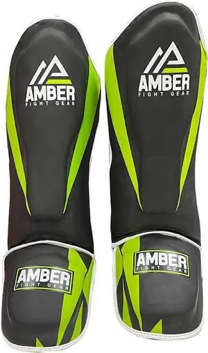 Amber Fight Gear Pro Style Competition Muay Thai Shin Guards with Instep Protection for Kickboxing, MMA, and Combat Sports, Lightweight, Durable, and Adjustable, Large X-Small