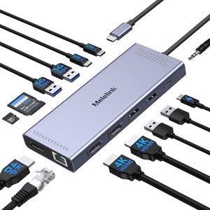 Melelink USB C Docking Station Dual Monitor, 14 in 1 Triple Display USB C Hub Multiport Adapter with 2 HDMI 4K,DisplayPort,PD Charging,Ethernet,6 USB C&A Ports,SD/TF,Laptop Docking Station for Dell/HP