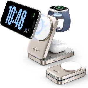 MOMAX MagSafe-Compatible 3-in-1 Wireless Charger Station Apple, 15W Qi2-Certified Foldable Magnetic Wireless Charger Dock Stand, Fast Charging iPhone Watch and Airpods Charging Station Base