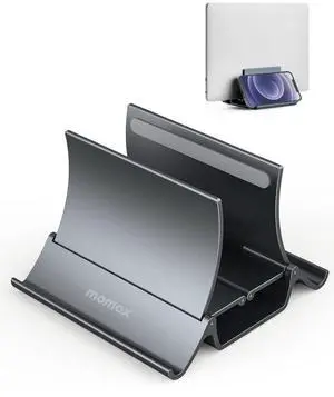 MOMAX Vertical Laptop Stand Holder,Arch Gravity Auto Locking Holder Storage Dock,Space Saving for Desk Organizer,Fits All MacBook/iPad/Dell/Chromebook,Dual Laptop Stand (Up to 17.3 inches)