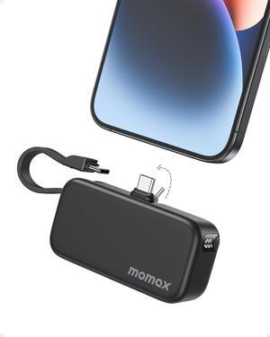 Momax Portable Charger Power Bank with Built-in Foldable USB-C Connector & USB-C Cable, 5000 mah Portable Phone Charger with Digital Display for iPhone 15, Android Phone, Laptop, iPad Pro/Air, AirPods