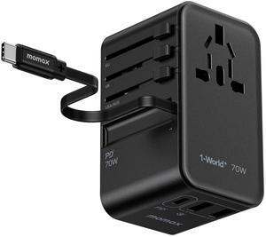 MOMAX Universal Travel Adapter, International Power Plug Adapter with 1 USB C (PD 70W), 2 USB A Ports, 1USB-C Cable (PD 70W), All-in-One Worldwide Wall Charger for USA European UK AUS (Type C/G/A/I)