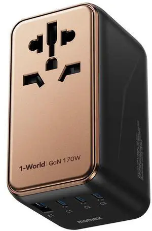 MOMAX Universal Travel Adapter, 170W GaN International Power Adapter, 2 USB-C 2 USB-A, Worldwide Travel Plug Adapter, International Power Adapter for Most Europe, USA, Japan, Australia (Type C/A/G/I)
