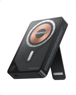 MOMAX Magnetic Power Bank, 10000mAh Wireless Portable Charger, Wired 20W Fast Charging Battery Pack, Compatible with Magsafe, iPhone 15/14/13/12 Series, Built-inUSB C Charging Cable and Stand Included