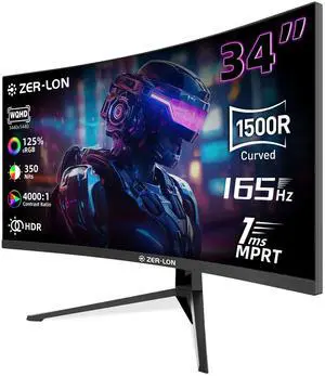 ZER-LON 34 inch Ultrawide Curved Gaming Monitor, 21:9 WQHD 3440×1440 165Hz Computer Monitors, 1500R 1ms(MPRT), 125% sRGB, 350nits, FreeSync, HDMI2.0 x2, DP1.4 x2, Wall Mountable/Tilt Adjustable Black