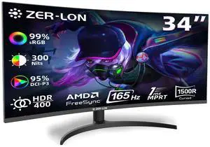 34 Inch Curved Gaming Monitor, 3440x1440 165Hz Ultrawide Computer Monitor, Tilt/Height/Pivot Adjustment, HDR400 1500R -PIP 1ms(MPRT) 99% sRGB, DCI-P3 95%, HDMI2.0 X2, DP1.4 X2 Port