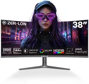 ZER-LON Ultrawide Monitor 38" WQHD 3840 x 1600p 144Hz FreeSync Premium HDR10 16:9 Computer Display 100% DCI-P3 300Nits IPS DP HDMI Tilt/Height Adjustable, Mountable