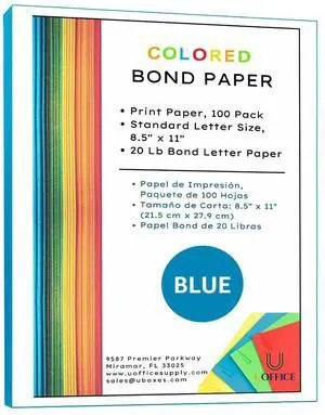 UOFFICE Colored Bond Paper Bundle 8.5" x 11", 20lbs, 100 Pages, Blue