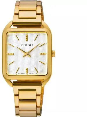 Seiko Essentials SWR078P1 Gold Watch, Angular Dial, White Waffle Pattern, Quartz