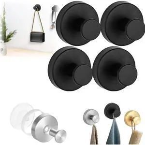 Luxe Hold No-Drill Hooks, 2024 Upgraded Suction Cup Stainless Steel Waterproof Suction Cup Hooks for Hooks, Shower, Bathroom, Hanging Towels, Mounting on Glass Shower Doors, Tile Black 4pcs