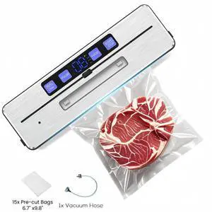 celiberry Vacuum Sealer Machine, 9-in-1 Automatic Food Sealer Kit with Double Heat Seal for Dry Moist Food Storage, Stainless Steel Compact Design, Built-in Cutter, Removable Drip Tray,15pieces