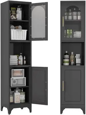 Polup 75" Tall Narrow Bathroom Storage Cabinet with Acrylic Fluted Glass Doors, Slim Metal Cabinet with Open Countertop, Freestanding Skinny Cabinets for Laundry, Living Room, White, Assembly Required