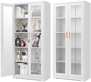 POLUP Display Cabinet with Glass Doors, Metal Curio Cabinets with Lock and Shelves, 71''Tall Display Case for Living & Dining Room, Bookcase for Home, Clinic, School (White)- Assemble Required