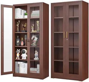 POLUP Glass Display Cabinet, Display Case with Glass Doors and Shelves, Metal Curio Cabinets with Locking, 71" Tall Bookcase with Glass Doors for Home, School, Clinic (Wood Color)- Assemble Required