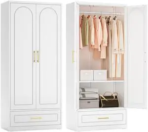 Polup Metal Wardrobe Closet with Drawer, 71" Tall Armoire Wardrobe Closet with Hanging Rod, Freestanding Clothing Storage Cabinet with Doors, Large Wardrobe for Bedroom, White, Assembly Required
