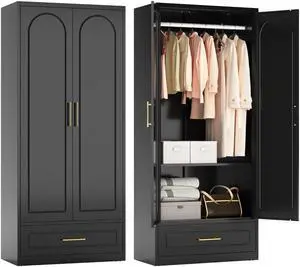 Polup Metal Armoire Wardrobe Closet with Drawer, 71 Tall Freestanding Wardrobe Cabinet with Doors and Shelves, Large Armoire with Hanging Rod, Clothes Cabinets for Bedroom, Black, Assembly Required