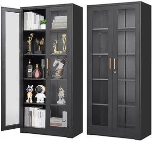 POLUP Display Cabinet with Glass Doors, Black Curio Cabinet with Lock, 71 Tall Display Case for Living Room, Bookcase for Home, Clinic, School (Black)- Assemble Required