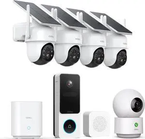 AOSU Home Security System DIY Kit, SolarCam D1 Classic 4 Kit + Doorbell Camera Wireless + 2K Indoor Camera