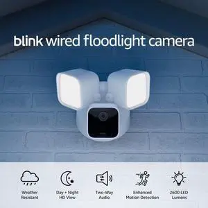 Blink Wired Floodlight Camera - Smart security camera, 2600 lumens, HD live view, enhanced motion detection, built-in siren, Works with Alexa  1 camera (White)