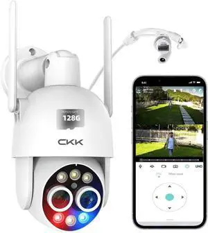 [4MP Dual Lens & 8X Hybrid Zoom]4MP PTZ Security Camera Outdoor and Indoor with 128GB Card, Surveillance Cameras for Home with Siren, Auto Tracking, 2-Way Audio, Red & Blue Flashing Lights (Dual lens)