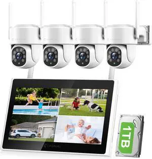 Gadpiparty Expandable 10CH Wireless Security Camera System with 10.1" Monitor, AI Human Detection, Floodlight,Siren Alarm, 2-Way Audio,4PCS 5MP PTZ Camera, Home Business Surveillance,1TB HDD