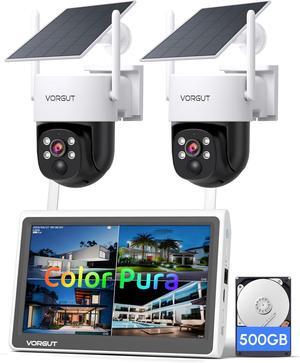 Gadpiparty Solar Powered Security Camera System Outdoor with 10" Monitor, 2pcs 2K Wireless Cameras for Home Security, 360° Pan Tilt, True Color Night Vision, 2.4G/5G WiFi, 10CH NVR, 500GB HDD