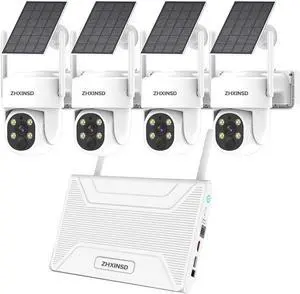 PTZ Security Cameras Wireless Outdoor Solar Powered, Pan Tilt 360 View 10 CH Ultra 4MP Home Security Camera System with 4 Cameras Human Detection Two Way Audio Color Night Vision 64G Storage