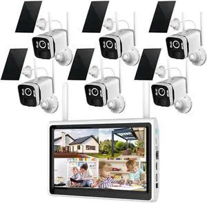 Gadpiparty 2K Solar Security Cameras Wireless Outdoor WiFi with 10" Monitor, 10CH 4MP Wire-Free Camera System, 6PC Battery Powered Security Cameras for Home Security, Waterproof, Floodlight, 64G Stor
