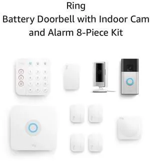 Battery Doorbell (Satin Nickel) with Indoor Cam (White) and Alarm 8-Piece (White)