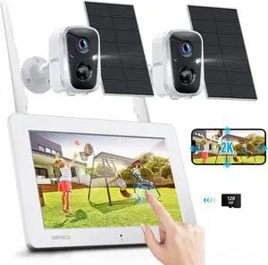 SANSCO 2K Solar Wireless Security Camera System with 4CH 7" Touchscreen Monitor, 2PCS 4MP WiFi Battery Powered Camera Outdoor with 128GB SD Card, PIR Human Detection, 2-Way Audio, Color Night Vision