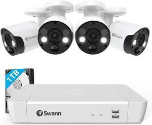 Swann Pro 4K Ultra HD Security Camera System, 8 Channel 4pcs PoE IP Cameras, Cat5e Wired NVR System with 1TB HDD, Color Night Vision, LED Light, True Detect, 24/7 Surveillance CCTV, Indoor/Outdoor