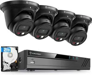 Amcrest 5MP Security Camera System, 4K 8CH PoE NVR, (4) x 5-Megapixel Night Color Turret POE IP Cameras, Active Deterrent, Pre-Installed 2TB Hard Drive, NV4108E-T1277EB4-2TB (Black)