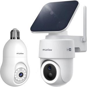 LaView 2K Light Bulb Security Camera & 360° Pan&Tilt Solar Camera Outdoor Wireless, Cameras for Home Security, Work with Alexa