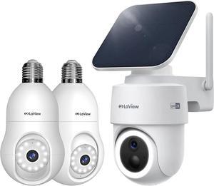 LaView 2K Light Bulb Security Camera & 360° Pan&Tilt Solar Camera Outdoor Wireless, Cameras for Home Security, Compatible with Alexa